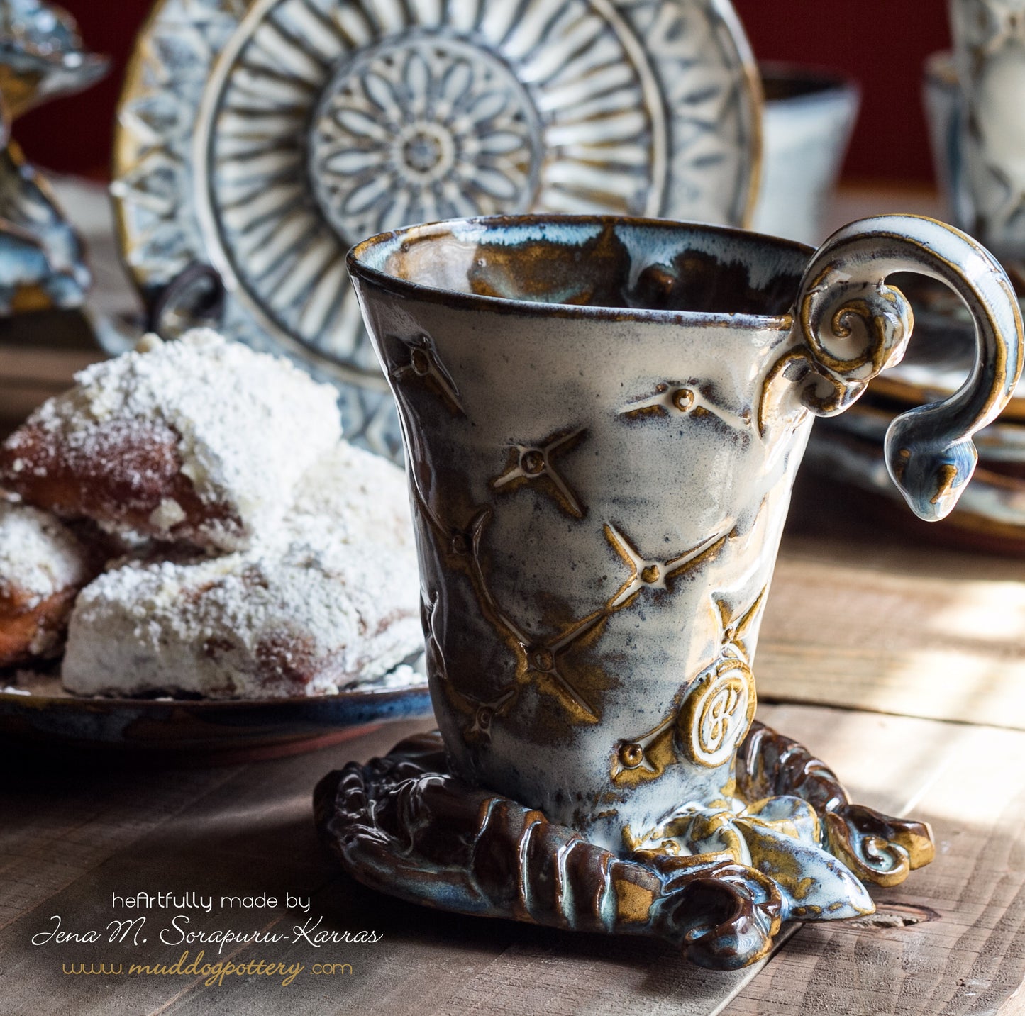 Blue Crawfish (Krevis Blé) Coffee Funnel and Beignet plate